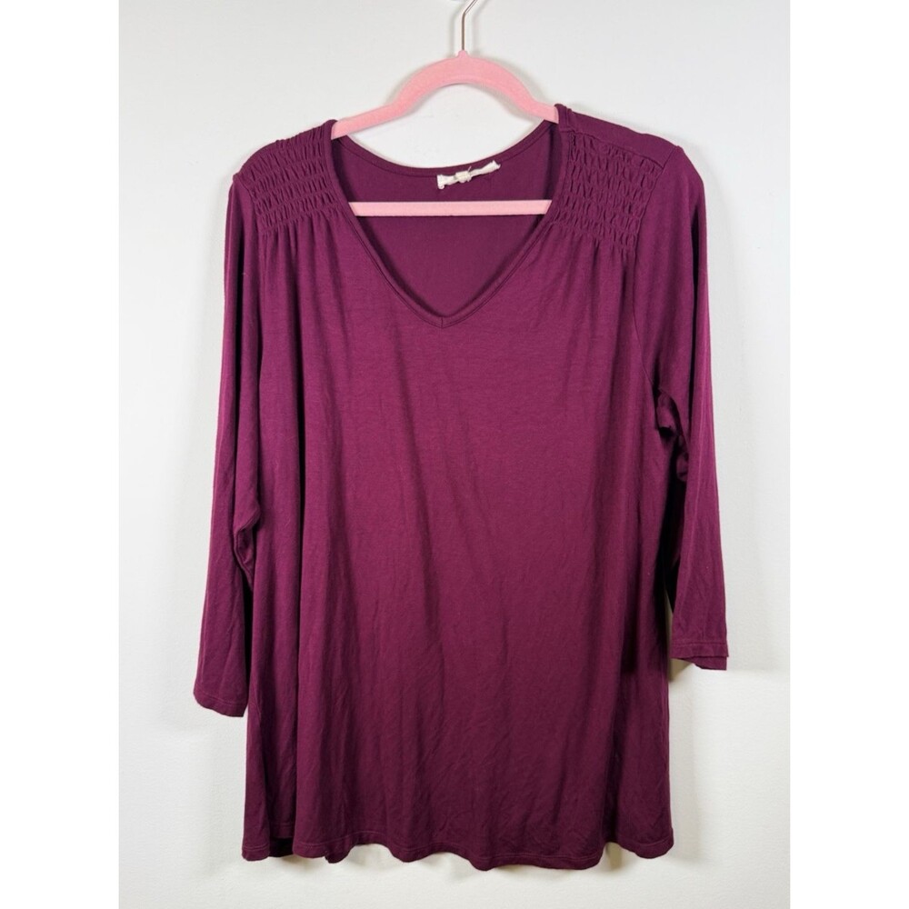 Retrology Womens Maroon Solid Knit V-Neck 3/4 Sleeve Top - 2X